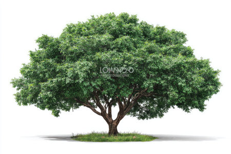 A vibrant tree stands prominently against a clean white backdrop, showcasing a dense canopy of green foliage. The image presents the tree's textured bark and verdant leaves in detail. Ideal for design projects, the image may be useful for visualizing nature, ecosystems, and environmental themes in commercial applications.の素材