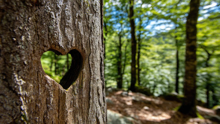 A heart-shaped cutout in a tree trunk frames a lush, green forest. The image features a close-up of the textured bark, with sunlight filtering through the leaves in the background. This scene of natural beauty could be used for environmental or romantic themes in various visual projects.の素材