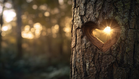 A heart-shaped carving is visible in the textured bark of a tree trunk. Sunlight streams through the opening, creating a warm glow against a blurred background of other trees. The composition features a shallow depth of field, emphasizing the heart shape. This image could be used for romantic, nature-themed, or conceptual purposes.の素材