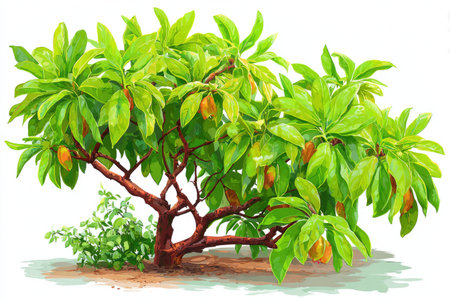 This illustration depicts a small tree with vibrant green leaves and visible fruits. The artwork showcases a bright and colorful style, possibly created with watercolor or digital techniques. It may be suitable for botanical studies, educational resources, or decorative applications, indoors or outdoors, with potential for editorial and commercial use.の素材