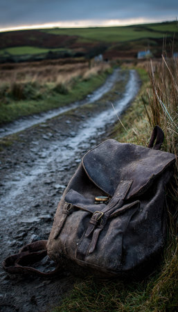A worn leather backpack rests on a dirt road, suggesting a journey or exploration. The image features a blurred background of rolling hills and a cloudy sky. The composition uses natural light and earth tones, lending a sense of adventure suitable for various visual media.の素材