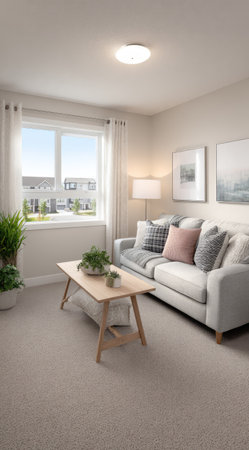 This image showcases a living room with a light color palette. It features a comfortable sofa, a coffee table, and a window overlooking an outdoor scene. The composition includes decorative plants, wall art, and a floor lamp, suggesting a well-lit and inviting space. This scene is suitable for various commercial and editorial uses.の素材