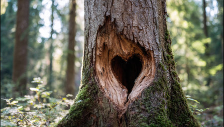 A heart-shaped opening is carved into a tree trunk, illuminated by soft sunlight filtering through a forest. The rough bark and textured surface of the tree contrast with the smooth, dark interior of the heart-shaped void. The natural setting evokes a sense of peace and could be utilized for various environmental or romantic themes.の素材