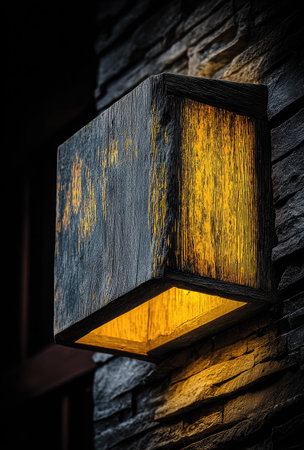 A wooden lantern with warm interior light is mounted on a textured stone wall. The image showcases a geometric form, contrasting light and shadow. The composition highlights detailed textures and a rich color palette, implying potential use in design, decoration, or illustrative purposes. It could be used for architectural themes.の素材