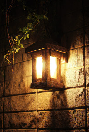A wooden lantern casts warm light on a brick wall. The square lantern has a rustic design with two vertical lights inside. The image features a close-up perspective, with a partial view of greenery. This could be used in advertising or design projects, evoking themes of comfort and illumination.の素材
