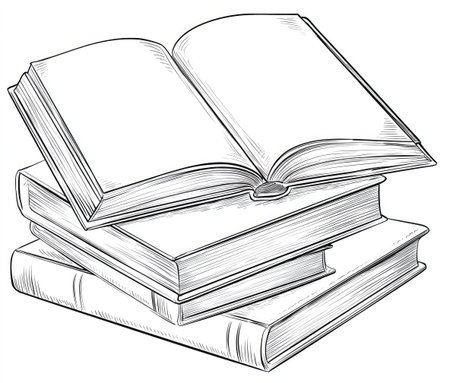 An ink sketch depicts a stack of books with one open. The visual style is monochromatic, showcasing fine lines and shading creating a textured look. The composition highlights an open book with blank pages, suggesting knowledge and education. This image is suited for various educational or conceptual editorial projects.の素材
