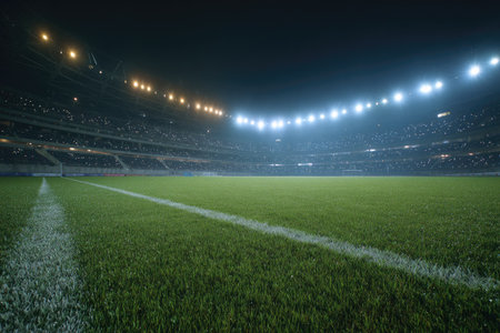 A nighttime view captures an empty stadium showcasing vibrant green grass and white lines. Bright overhead lights illuminate the field, contrasting against the dark surrounding stands. This image displays a modern venue suitable for various editorial and commercial projects.の素材