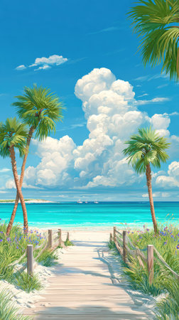 A vibrant illustration presents a tropical beach landscape. Palm trees frame a pathway leading towards turquoise water and white sand. The sky is a bright blue with fluffy clouds. The overall style suggests digital art for diverse applications such as travel and tourism.の素材