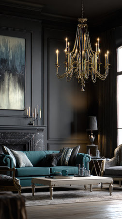 A lavish living room interior features a teal sofa and a large ornate chandelier. The composition showcases dark gray walls, a fireplace, and an abstract painting. The setting suggests an indoor environment with warm lighting, potentially suitable for editorial or promotional purposes.の素材