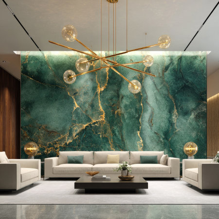 This image showcases a modern living room with a large sofa, armchairs, and a low table, all set against a textured green wall. Overhead, a contemporary chandelier casts soft light. The composition is symmetrical, featuring a neutral color palette with gold accents, suggesting a luxurious atmosphere suitable for interior design projects.の素材