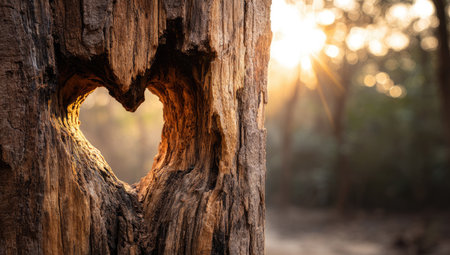 Close-up showcases a heart-shaped void within a weathered tree trunk. The rough texture of the bark contrasts with the soft, blurred backdrop of a sunlit forest. Sunlight streams through the opening, creating a warm, natural glow. Ideal for editorial or conceptual use related to nature and love.の素材