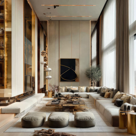 The image showcases a spacious, modern living room featuring neutral color palettes and refined furnishings. Sunlight streams through large windows, illuminating a plush sectional sofa and various decorative elements. It highlights design, architecture, and home decor, providing versatile visual content for editorial and commercial applications.の素材