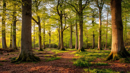 A vibrant forest scene showcases large trees with textured brown trunks and green leaves. Sunlight filters through the canopy, illuminating the forest floor covered with grass and fallen leaves. The composition features natural colors and creates a peaceful atmosphere, suitable for various commercial and editorial applications.の素材