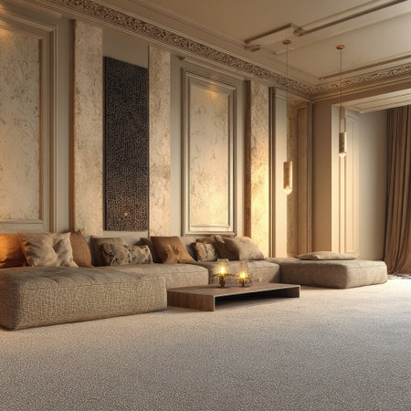 This image presents a sophisticated living room interior with a large comfortable sofa and decorative cushions. The scene is illuminated by warm ambient lighting, creating a cozy atmosphere. Textures of soft fabrics and architectural details are visible. This image could be suitable for architectural, design, or lifestyle publications and commercial projects.の素材