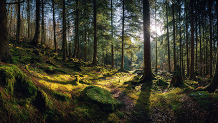 A dense forest scene showcases tall trees bathed in sunlight. The composition highlights the textures of the moss-covered ground and the verticality of the trees. Warm colors and diffused light suggest a daytime setting, suitable for illustrating environments or natural scenes. Potential uses include editorial content and background elements.の素材
