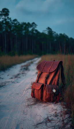 A leather backpack sits on a dirt road with tall grass on either side. The bag is detailed with visible stitching and aged appearance. Soft, natural light bathes the scene, with blurred trees in the background. Suitable for illustrations of travel, adventure, or outdoor lifestyle concepts.の素材