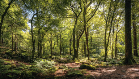 A dense forest interior is captured, showcasing tall trees with lush green foliage illuminated by sunlight. The composition emphasizes the interplay of light and shadow, creating a serene and natural atmosphere. The image suggests a woodland environment, suitable for various editorial and commercial applications, conveying tranquility and the beauty of nature.の素材