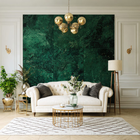 An inviting interior showcases a cream-colored sofa against a dramatic emerald green wall, creating a modern aesthetic. Overhead lighting illuminates the space, featuring a rug and a side table. The scene suggests a comfortable and stylish environment, suitable for home decor, design projects, and lifestyle editorial content.の素材