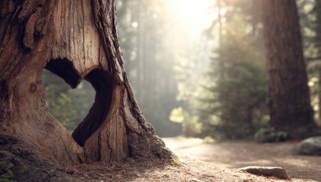 A close-up view reveals a heart-shaped opening in a tree trunk, set within a lush forest environment. The image showcases natural textures and warm sunlight filtering through the trees. This composition could be used to represent nature, love, or environmental themes in various commercial and editorial contexts.の素材