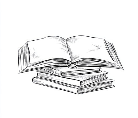 An artistic illustration presents a stack of books, crowned by an open book. The monochromatic image employs fine lines to create a textured effect. The composition, set against a white backdrop, suggests a focus on education and learning. It is ideal for various commercial or editorial purposes.の素材