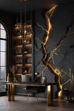 An indoor scene features a desk and chair in a sophisticated space. The room showcases a dark color palette, with warm lighting adding a touch of luxury. The composition emphasizes the desk, suggesting a functional yet stylish workspace for varied commercial and editorial applications.の素材