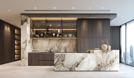 This image showcases a contemporary kitchen interior with a prominent marble island and matching countertops. The design incorporates dark wood cabinetry, glass-fronted upper cabinets, and recessed lighting. Natural light streams in from a large window, illuminating the space. Suitable for commercial applications such as architectural visualizations and interior design projects.の素材