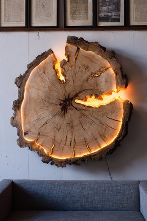 A cross-section of a tree trunk, artfully crafted and illuminated with warm lighting, hangs on a gray wall. The wood's natural textures and patterns are accentuated by the glow, suggesting an indoor setting. This unique piece offers potential for interior design and artistic visual applications.の素材