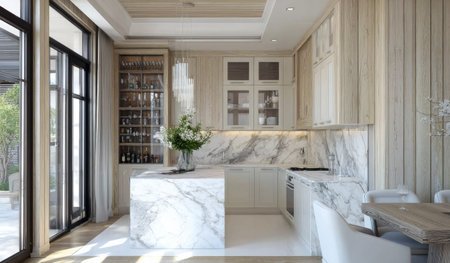 This image showcases a modern kitchen with a marble island and countertops, highlighted by natural light. The space features a combination of light tones, including white and beige, creating a bright atmosphere. The scene could be suitable for architectural projects, home design publications, or other commercial applications.の素材