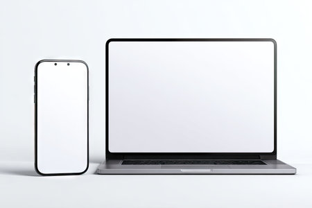 A smartphone and a laptop with blank screens are presented against a white backdrop. The composition features clean lines and a modern aesthetic, with focus on the technology devices. This image could be used for advertising, website design mockups, or illustrating digital content presentation.の素材