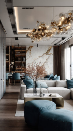 The image presents a contemporary living room featuring a large sofa and decorative accents. Soft lighting illuminates the space, emphasizing textures and the color palette. The interior showcases elegant design elements, suggesting a high-end residential setting. It could be used for architectural visualization or lifestyle content.の素材