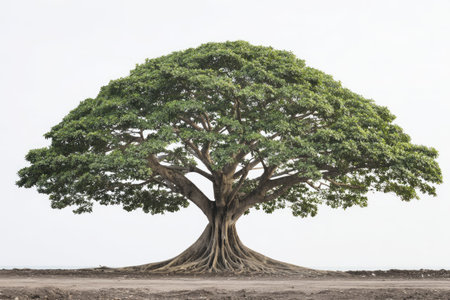 A majestic tree stands alone against a blank white background, showcasing a vast canopy of green leaves. The image highlights the tree's intricate trunk and root system. The composition utilizes natural light, with emphasis on the textures and forms. Suitable for use in environmental, educational, or design projects.の素材