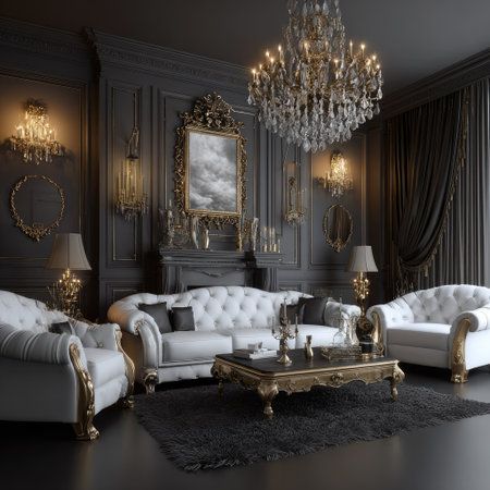This interior scene showcases a luxurious living room. It features white sofas, a coffee table, and decorative elements. The composition has a dark, elegant style. The lighting suggests a sophisticated ambiance, which could be suitable for various commercial projects or editorial uses.の素材