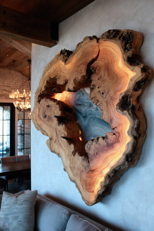 A large, irregularly shaped wood slab is mounted on a wall, featuring an internal light source that creates a warm glow. The wood displays natural grain patterns and textures. This artistic design is set in a room with visible architectural elements. It could be used for interior design, home decor, or artistic purposes.の素材