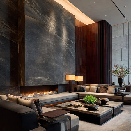 This interior showcases a modern living room featuring a large fireplace and contemporary furniture. The scene presents a blend of textures and colors, with dark tones and ambient lighting. It is likely indoors, possibly in a high-end residence or a luxury hotel. Suitable for architectural, design, and lifestyle applications.の素材