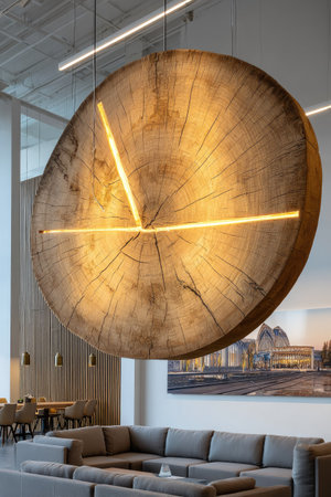 A large, circular wooden light fixture hangs in a modern interior space. The light has a natural wood grain texture and is illuminated by linear lights. The composition includes a sectional sofa and a distant wall art piece. This image could be used for commercial and editorial purposes.の素材