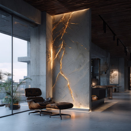 A modern interior showcases a marble wall illuminated with warm lighting. A comfortable armchair and ottoman are in the foreground. The scene is bathed in soft light, highlighting the textures and materials of the space. It may be suitable for advertising, architectural design, and lifestyle themes.の素材