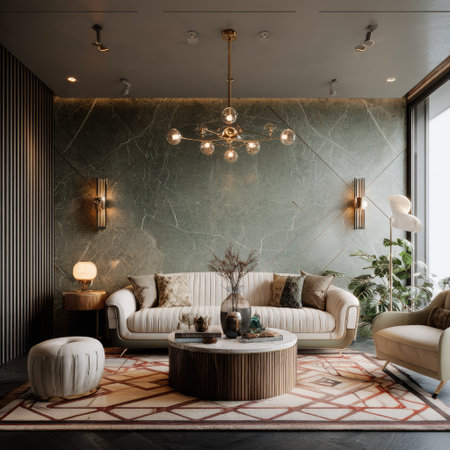 An interior view showcases a modern living room furnished with contemporary pieces. The scene features a sofa, coffee table, and armchair, enhanced by ambient lighting. The color scheme incorporates neutral tones with accents, suggesting a high-end residential setting. This image could be used for architectural design, interior design, or real estate purposes.の素材