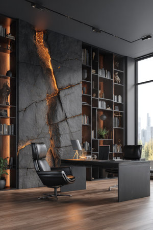 An interior view presents a modern office space featuring a sleek desk, chair, and shelving units. The composition includes a striking dark accent wall with a golden vein-like design. Ambient lighting adds warmth to the dark tones, creating a professional atmosphere suitable for various commercial purposes.の素材