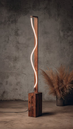 A contemporary floor lamp showcases a wooden frame and a curving, illuminated element. The design features a rectangular base and a slender, vertical support. The lamp emits a warm glow, with a neutral concrete backdrop. It can be used in home decor or interior design projects.の素材
