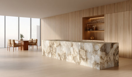 A modern kitchen is showcased with a large marble island as the focal point. Natural wooden panels and cabinets create a warm environment. The scene is enhanced by daylight streaming through large windows, suggesting a spacious and well-lit area suitable for various editorial or commercial applications.の素材