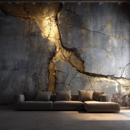 A minimalist interior scene showcases a comfortable sofa set against a textured, cracked wall. The composition highlights the interplay of light and shadow. Neutral colors and a muted palette characterize the design. Suitable for use in architectural or interior design projects, showcasing spaces, or for commercial purposes.の素材