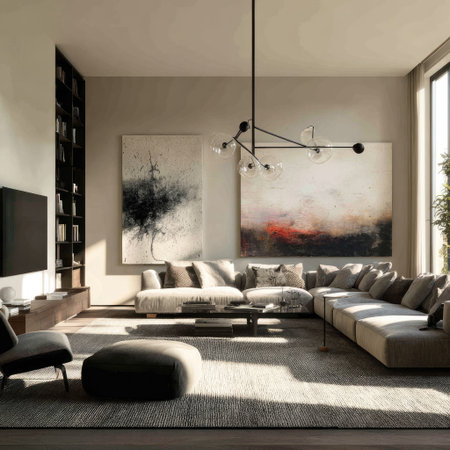 This interior showcases a spacious living room featuring a large sectional sofa and abstract art pieces. The color palette consists of neutral tones and warm lighting creating a welcoming atmosphere. It could be suitable for home decor, architectural presentations, and lifestyle publications. The scene suggests a comfortable domestic setting.の素材