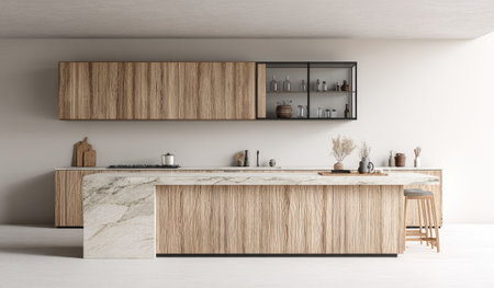 An interior view showcases a contemporary kitchen featuring wooden cabinetry and a marble countertop island. The design incorporates clean lines, neutral colors, and natural light. The scene's composition suggests a spacious and modern environment, suitable for commercial use or editorial publications related to home design.の素材