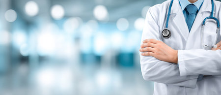 A medical professional, with arms crossed, wearing a white coat and stethoscope dominates the frame. The image showcases a shallow depth of field, with a blurred background suggesting an indoor setting. The color palette is dominated by white and blue tones, evoking a sense of professionalism. It is suitable for use in healthcare, medical, and wellness related publications.の素材