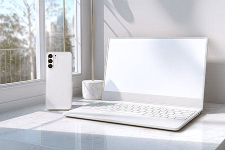 A white laptop and smartphone stand on a bright surface near a window. The composition features a clean, minimalist style with soft lighting. The scene conveys a sense of modernity and is suitable for various commercial purposes, showcasing technology and digital content. It suggests productivity and communication.の素材