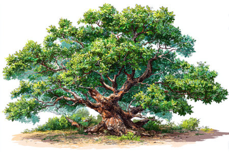 A detailed illustration showcases a large oak tree featuring a thick, textured trunk and a wide canopy filled with vibrant green leaves. The artwork presents a daylit view with a clear, white background, highlighting the tree's structure. Potential applications include educational materials and nature-themed design projects.の素材