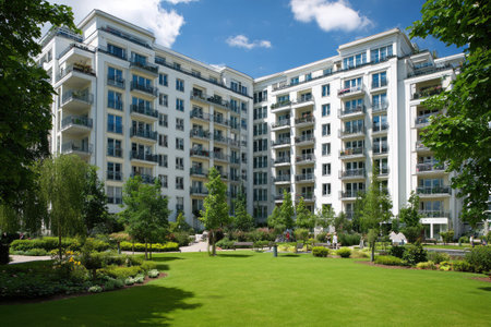 An expansive modern apartment building is shown with a green lawn and various trees under a vibrant blue sky. The architecture features balconies and a multi-story design. The overall style appears to be contemporary with a focus on natural light and outdoor spaces. This image is suitable for commercial projects related to real estate or architecture.の素材