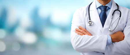 A doctor stands with arms crossed, wearing a white coat and a stethoscope. The background is soft and out of focus, with shades of blue and white. The image could be used to represent healthcare, medicine, or wellness, suitable for commercial and editorial purposes.の素材