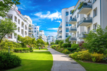 An image presents contemporary apartment buildings with balconies, connected by pathways and lawns. The photograph showcases verdant vegetation, including trees and bushes, creating a fresh atmosphere. Bright sunlight and blue sky illuminate the scene. This image can be used for real estate, urban development, and architectural design projects.の素材