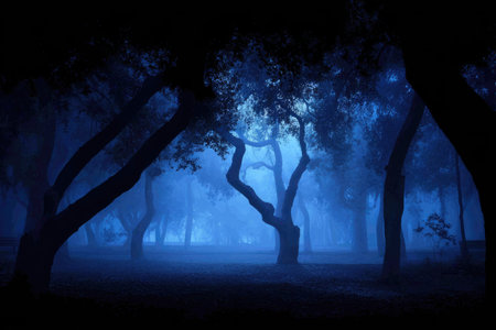 A nighttime forest scene features silhouetted trees against a deep blue, misty background. The composition highlights the branches and trunks, with soft lighting creating an atmospheric mood. The image may be suitable for various applications, including editorial content or use in creative projects, conveying a sense of mystery.の素材